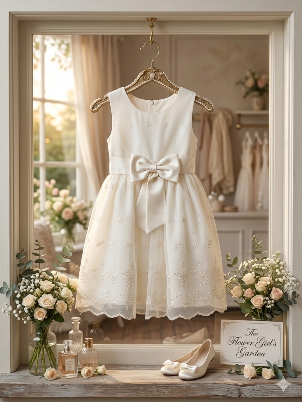 Purple Rose Ivory Scalloped Hem Girl's Dress w/Embroidered floral & Bow,S6,NWT